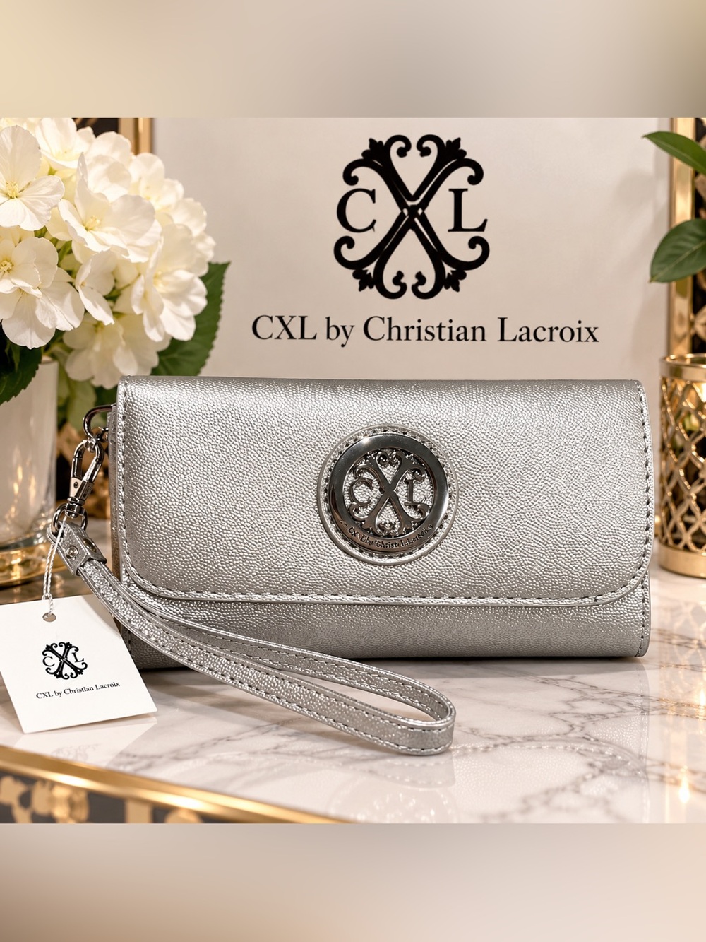 ✨ NWT CXL by Christian Lacroix Bali Caviar Small Clutch Wristlet – Silver ✨